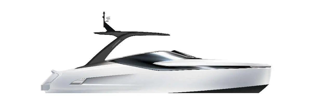 A sleek white motorboat with a black roof and a small flag on top, showcasing modern design and elegance.